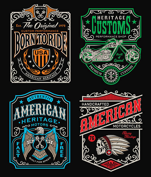 Vintage motorcycle t-shirt graphic set Vintage motorcycle inspired t-shirt graphics, easily modifiable for multiple uses. banners tattoos stock illustrations