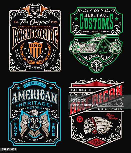 Vintage Motorcycle Tshirt Graphic Set Stock Illustration - Download Image Now - Motorcycle, Retro Style, Wild West