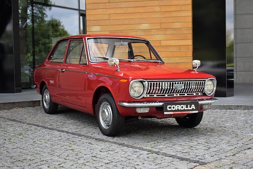 Olsztyn, Poland - August 3rd, 2016: Classic Toyota Corolla I stopped on the parking. The first generation of Corolla was debut in 1966. The Corolla models are the most popular vehicles in the world.