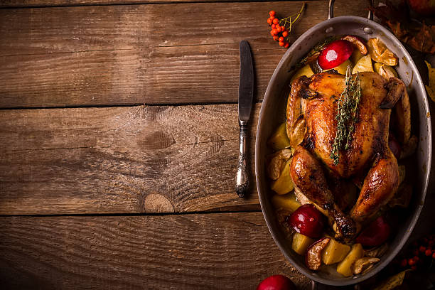 istock Served roasted stuffed Thanksgiving Turkey. Top view.Space for text. 599954342