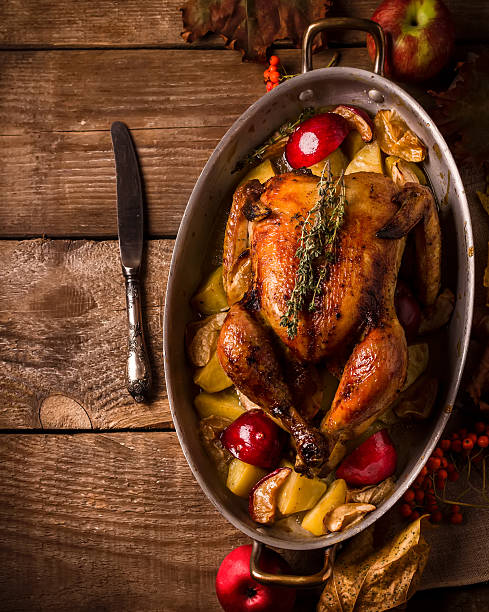 istock Served roasted stuffed Thanksgiving Turkey. Top view.Space for text. 599954372