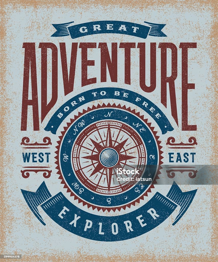 Vintage Great Adventure Typography Vintage great adventure typography, t-shirt and label graphics with compass rose. Editable EPS10 vector illustration in woodcut style. T-Shirt stock vector