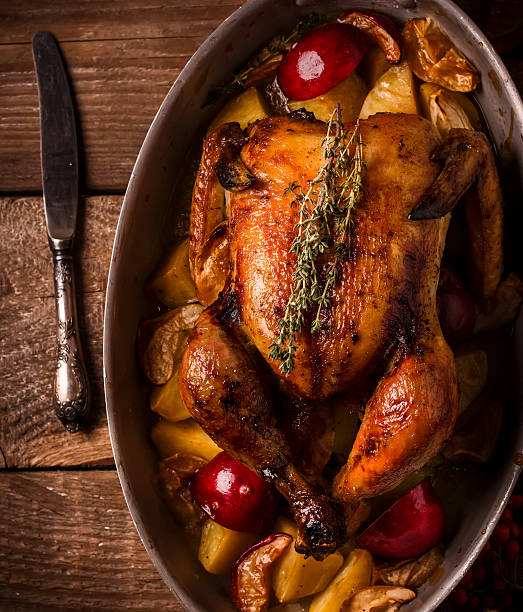 istock Served roasted stuffed Thanksgiving Turkey. Top view.Space for text. 599954418