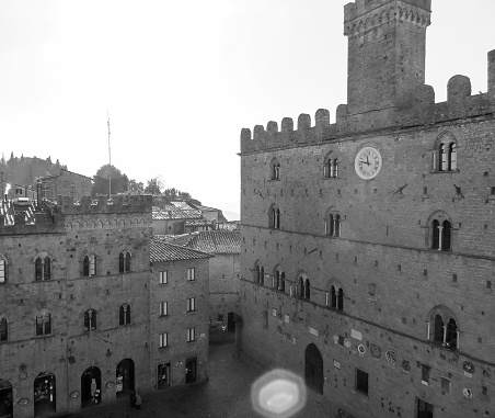 Volterra, Italian medieval town - view of the city centre in black and white