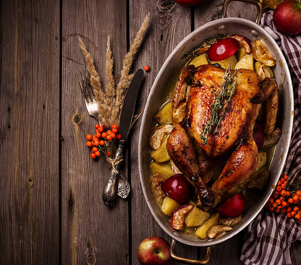 istock Served roasted stuffed Thanksgiving Turkey. Top view.Space for text. 599954862