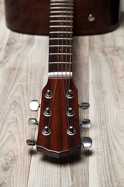 istock Acoustic guitar on wooden background 599954868