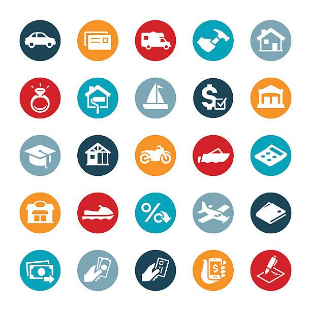 Types of Loans Icons A set of icons symbolizing different items commonly purchased using a loan. They include vehicles, car, RV, home improvement, wedding ring, watercraft, education, motorcycle, construction, boat, business and airplane just to name a few. belongings stock illustrations