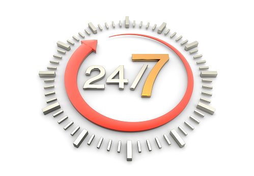 24/7 Service concept with arrow and circular clock