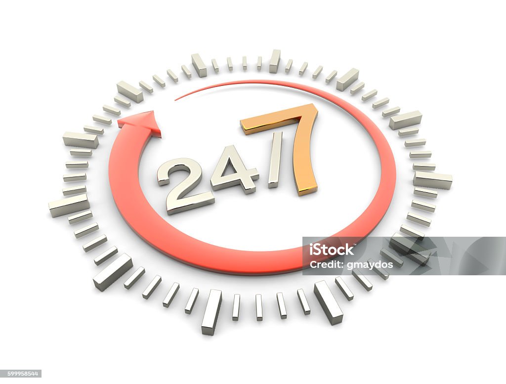 24/7 Sign 24/7 Service concept with arrow and clock 24 Hrs Stock Photo