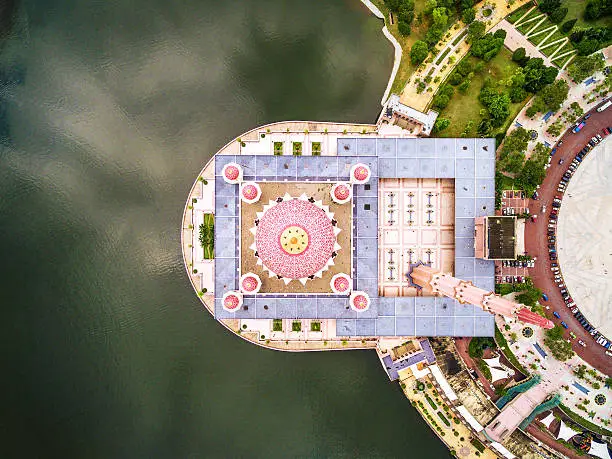 Aerial overhead view of Masjid Putra, or Pink Mosque, in Putrajaya, near Kuala Lumpur, Malaysia.
