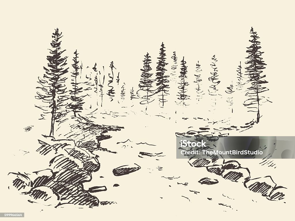 Hand drawn landscape river forest vintage vector. - Royaltyfri Skog vektorgrafik