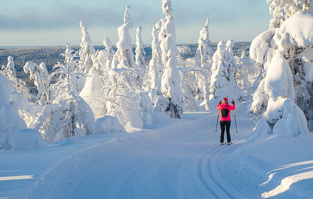 mulher esquiando na lapônia finlândia - perseguição conceito - fotografias e filmes do acervo