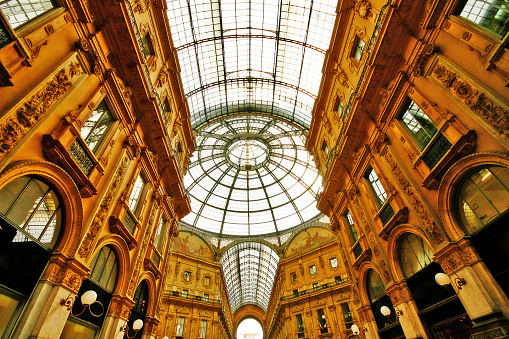 Lombardia region, Milan, Italy - March 18, 2010 - Glass dome of Galleria Vittorio Emanuele II, one of the world's oldest shopping malls, designed and built by Giuseppe Mengoni (1865-1877).