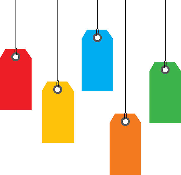 Hanging Sales tags Vector illustration of six colorful sales tags hanging on strings. blue price tag stock illustrations