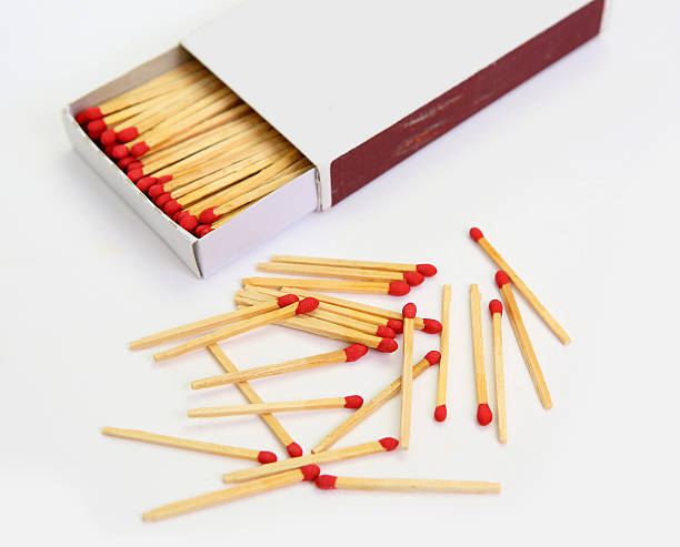 istock matchbox opened on white, pile match outside the box 599970288