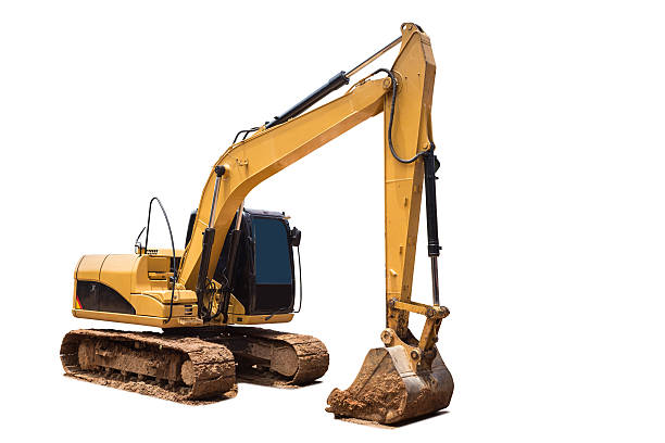 istock Yellow excavator in construction site isolated on white 599970668