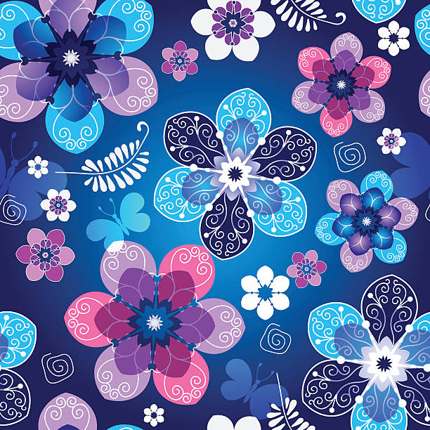 ilustraciones, imágenes clip art, dibujos animados e iconos de stock de floral azul oscuro patrón de primavera sin costuras - textile purple translucent backgrounds