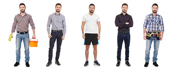 cheerful man in different situations - sportsman looking at camera full length sport imagens e fotografias de stock
