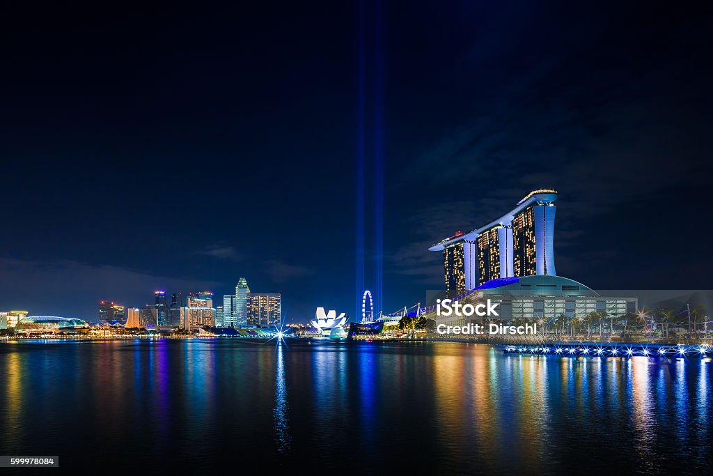 Singapore Marina Bay Skyline with Marina Bay Sands Hotel and plenty of room for text. Singapore City Stock Photo