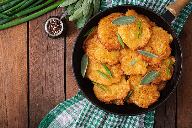 istock Fried potato pancakes in a frying pan 599979046