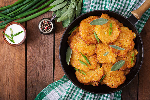 istock Fried potato pancakes in a frying pan 599979318