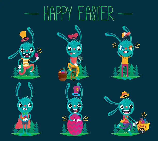 Vector illustration of Happy cartoon Easter Bunny. Easter egg hunt.Печать