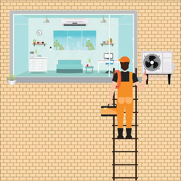 Vector illustration of Worker Man climbing ladder to repair air conditioner.