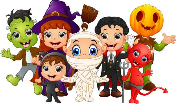 Vector illustration of Halloween kids costumes. witch, Frankenstein, Dracula, cat costume