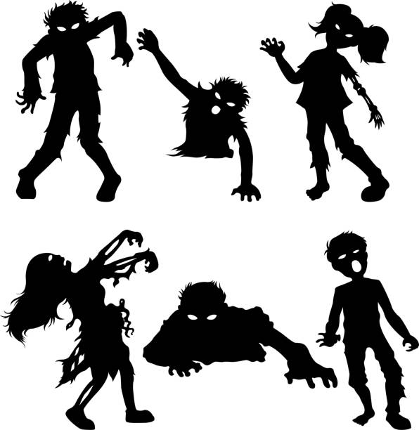 ilustraciones, imágenes clip art, dibujos animados e iconos de stock de conjunto de zombies masculinos y femeninos de siluetas negras - zombie halloween cemetery human hand