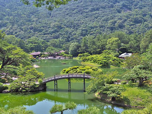 리츠린 가든, 평화로운 일본 정원. - bridge wood japanese garden footbridge 뉴스 사진 이미지