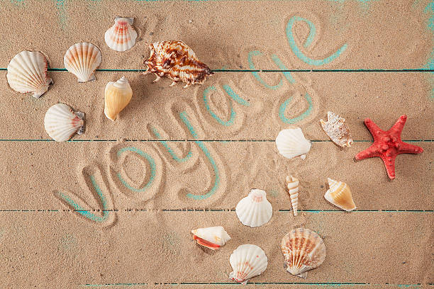 istock Word voyage written on sand among seashells 599987028
