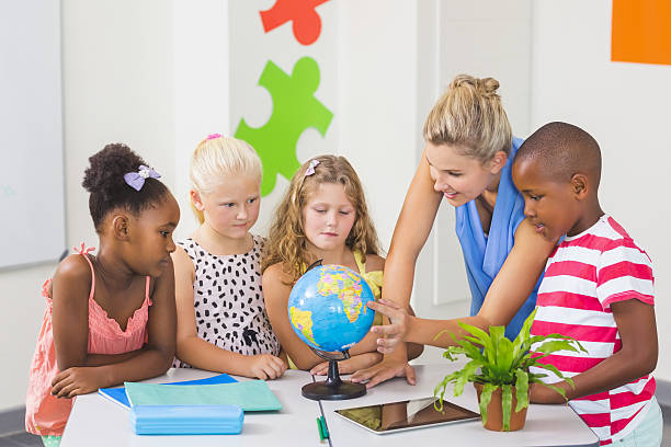 istock Teacher discussing globe with kids 599987536