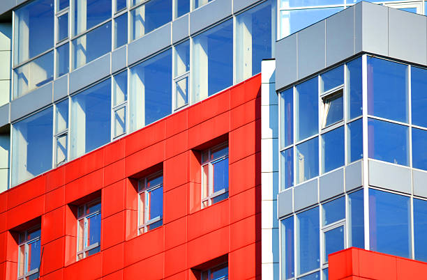 istock Part of the facade modern building with red and blue 599989910