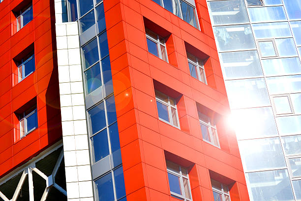 istock Part of the facade modern building with red and blue 599992040