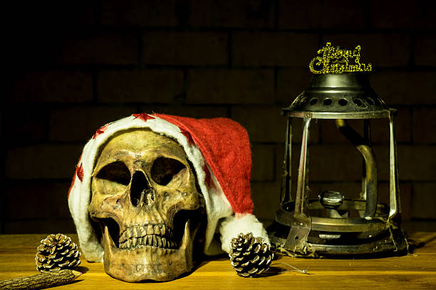 istock Still life with skull in christmas day, dark concept 599992194