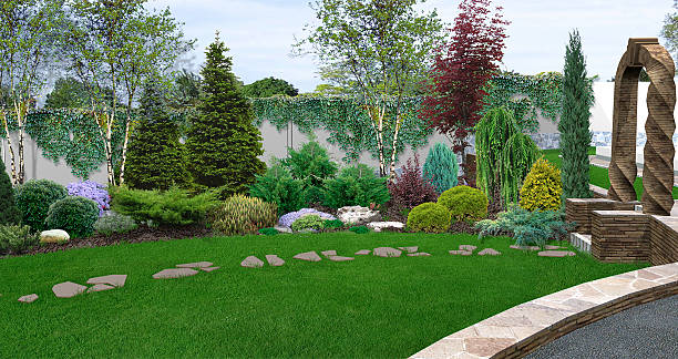 아름다운 뒷마당 화장, 3d 일러스트 - landscaped retaining wall stone flower bed 뉴스 사진 이미지