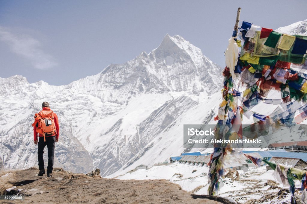 At the top of the world Photo of a proud hiker who has conquered one of the mountains of Annapurna Range on Himalayas, Nepal Annapurna Range Stock Photo