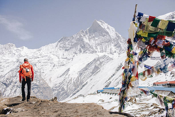 At the top of the world Photo of a proud hiker who has conquered one of the mountains of Annapurna Range on Himalayas, Nepal annapurna range stock pictures, royalty-free photos & images