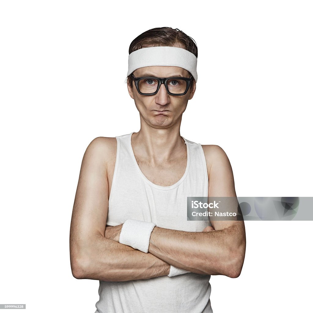 Funny sport nerd Funny sport nerd pretending tough guy isolated on white background Slim Stock Photo