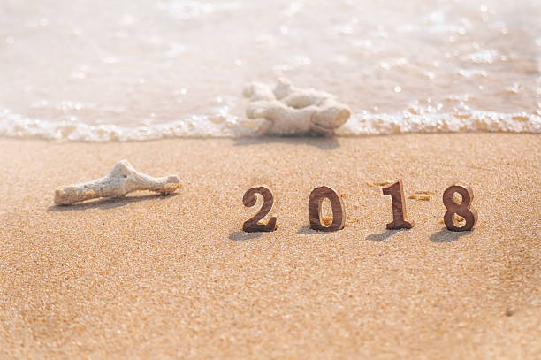 istock Wood number 2018 on tropical beach background 599996676
