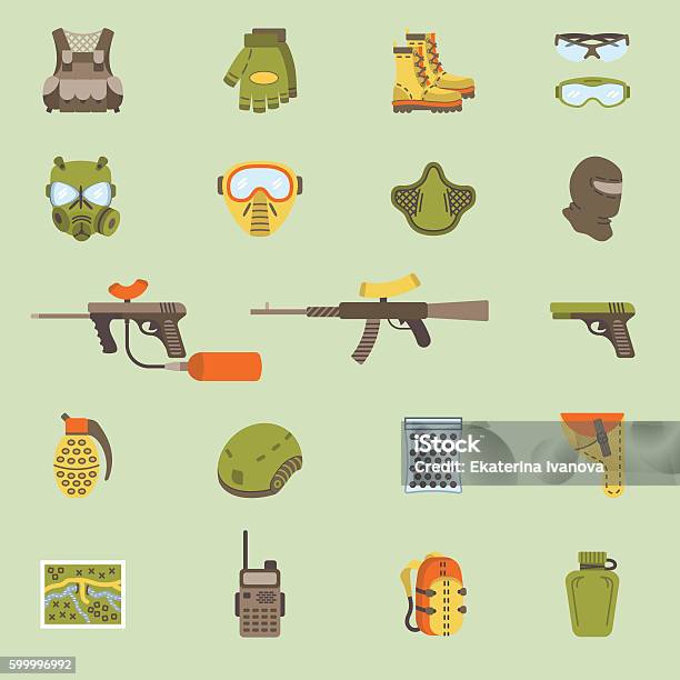 Vector Flat Paintball Or Airsoft Icon Set Stock Illustration - Download Image Now - Activity, Ammunition, Armed Forces