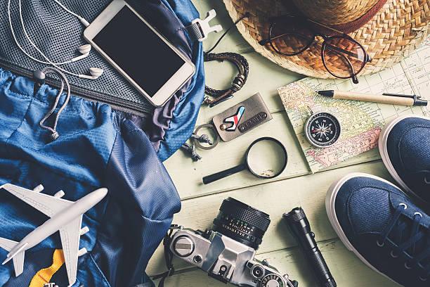 istock Overhead view of Traveler's accessories and items 599998264