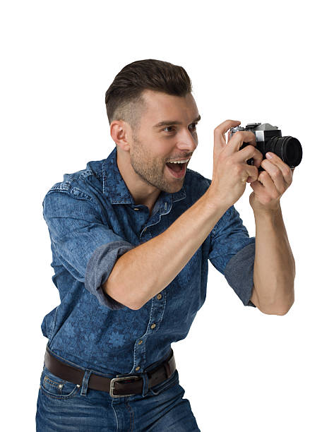 istock Handsome emotional Man with camera Portrait Isolated on White Background 600056196