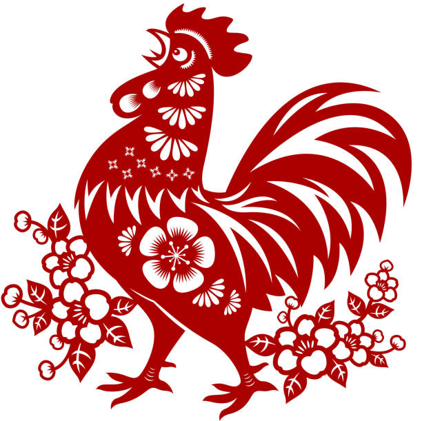 Year of the Rooster Papercut Traditional papercut rooster art of Year of the Rooster. rooster stock illustrations