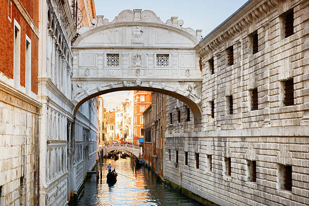 Venice, Italy - August 24, 2014: View of the Bridge of Sighs (Ponte dei Sospiri) and the Rio de Palazzo o de Canonica Canal from the Riva degli Schiavoni in Venice, Italy. The Ponte de la Canonica is visible in background.