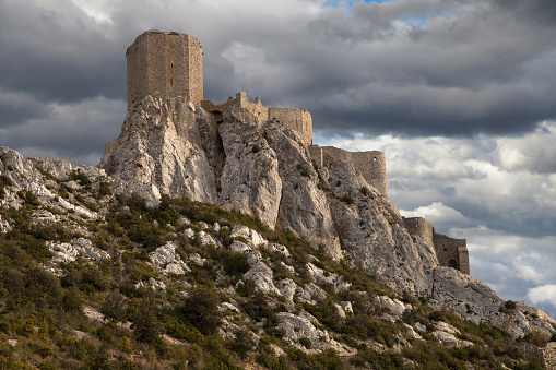 Cucugnan, France - April 3, 2015: Chateau de Queribus in Cucugnan, France. It was on of the five castles strategically placed to defend the French border against the Spanish, until the border was moved in 1659.