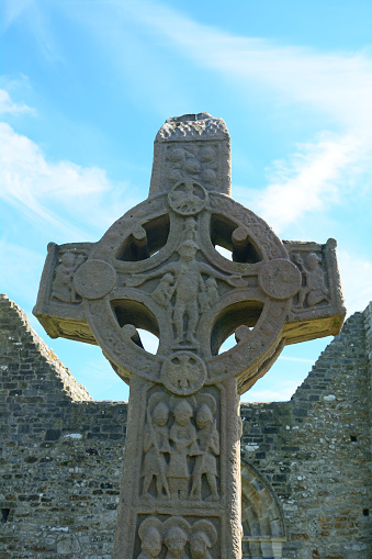 Clonmacnoise, Ireland - August 15, 2016: Celtic cross in Clonmacnoise, Ireland.