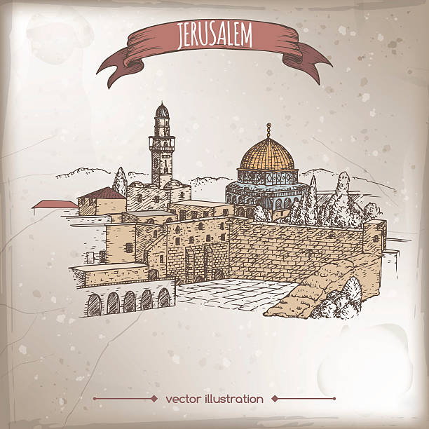 reise-illustration mit klagemauer, felsendom, jerusalem. - jerusalem stock-grafiken, -clipart, -cartoons und -symbole