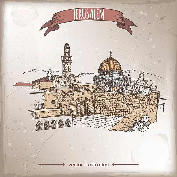 travel illustration with wailing wall, dome of the rock, jerusalem. - jerusalem stock illustrations