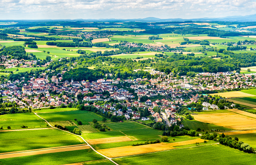 Aerial view of Sierentz village in Haut-Rhin - Alsace, France